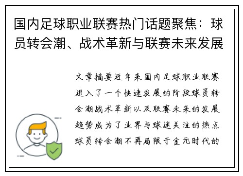 国内足球职业联赛热门话题聚焦：球员转会潮、战术革新与联赛未来发展趋势分析