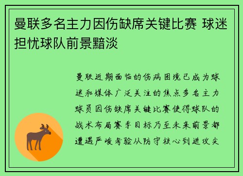 曼联多名主力因伤缺席关键比赛 球迷担忧球队前景黯淡