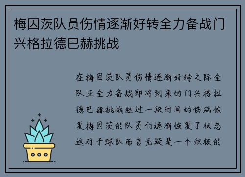 梅因茨队员伤情逐渐好转全力备战门兴格拉德巴赫挑战