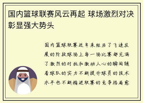 国内篮球联赛风云再起 球场激烈对决彰显强大势头
